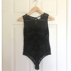 🖤 Sheer w Velvet Design Thong-Style Body Suit